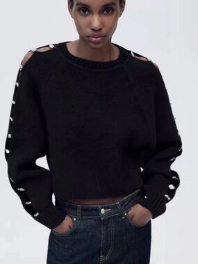 Zara Black Crew Neck Sweater with Unique Sleeve Cutouts